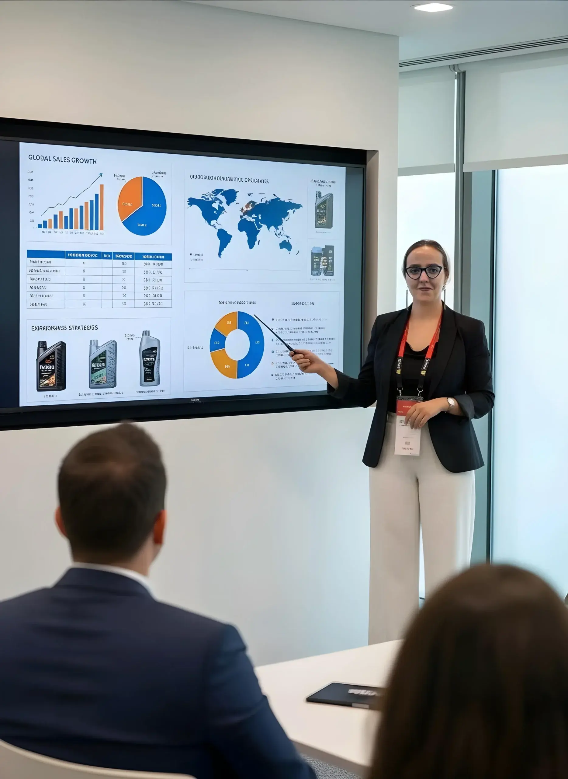 A business intelligence dashboard displaying global sales growth, market distribution, and product inventory for various lubricant types during a consultancy session.
