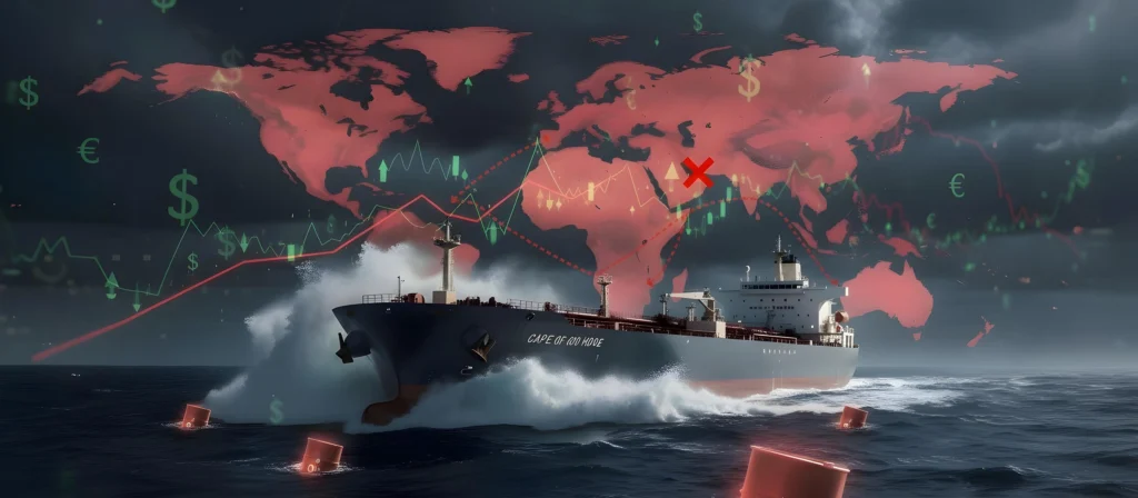 Oil tanker navigating rough seas with global shipping routes disrupted and economic impact highlighted