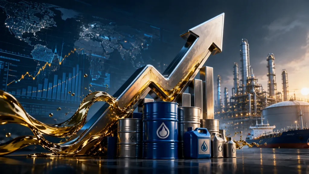 Industrial lubricant price increase concept with rising metallic arrow, oil barrels, refinery, and global market analytics