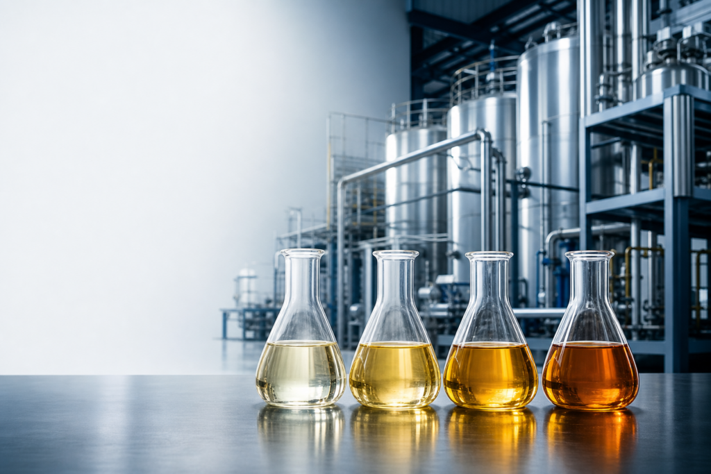 Four base oil samples in front of a modern lubricant blending facility