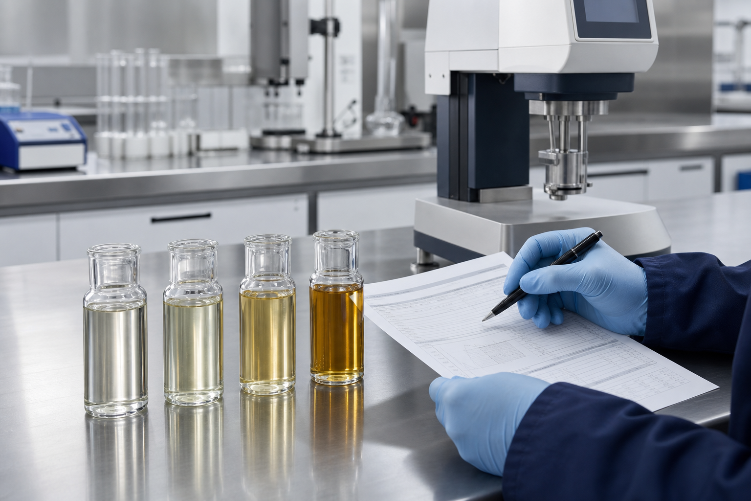 Technician comparing base oil samples and reviewing viscosity data in a lubricant laboratory